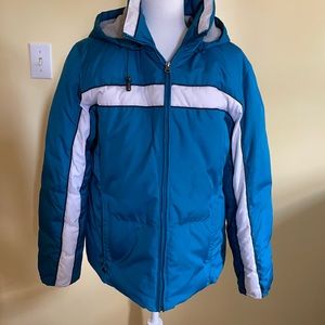 Covington winter coat hooded zip up team blue white stripe pockets puffer down